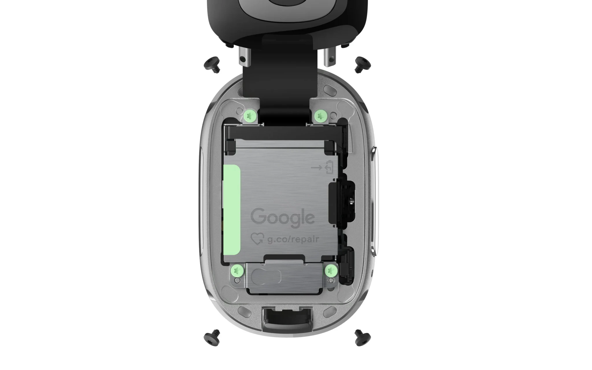 Google Fitbit Edge tracker disassembled on white background, showing its battery, screws and black strap