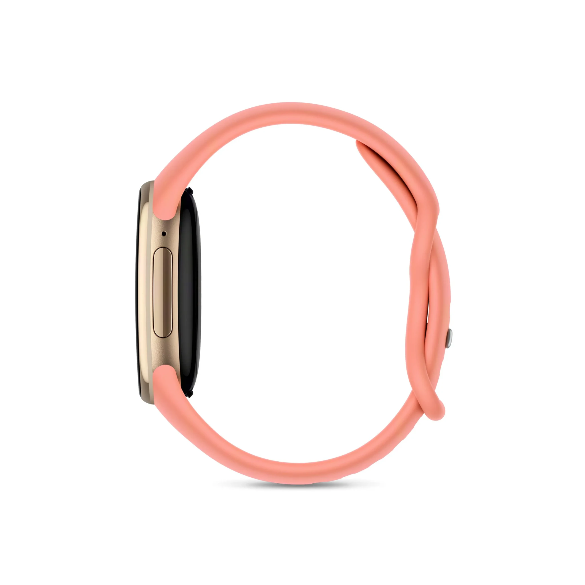 Side view of the gold Google Fitbit Edge with a peach silicone band