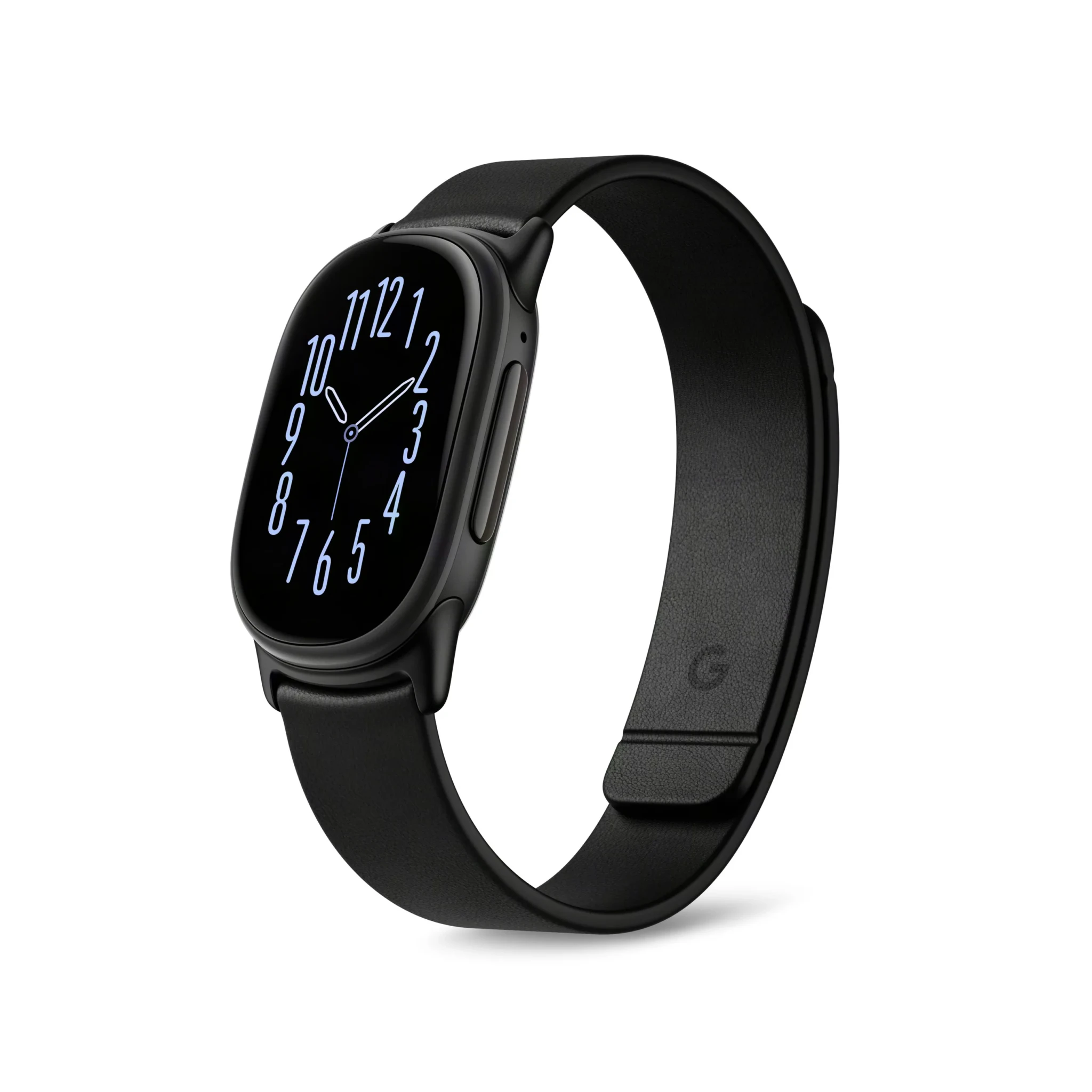 Black Google Fitbit Edge on a black magnetic band, shown at an angle