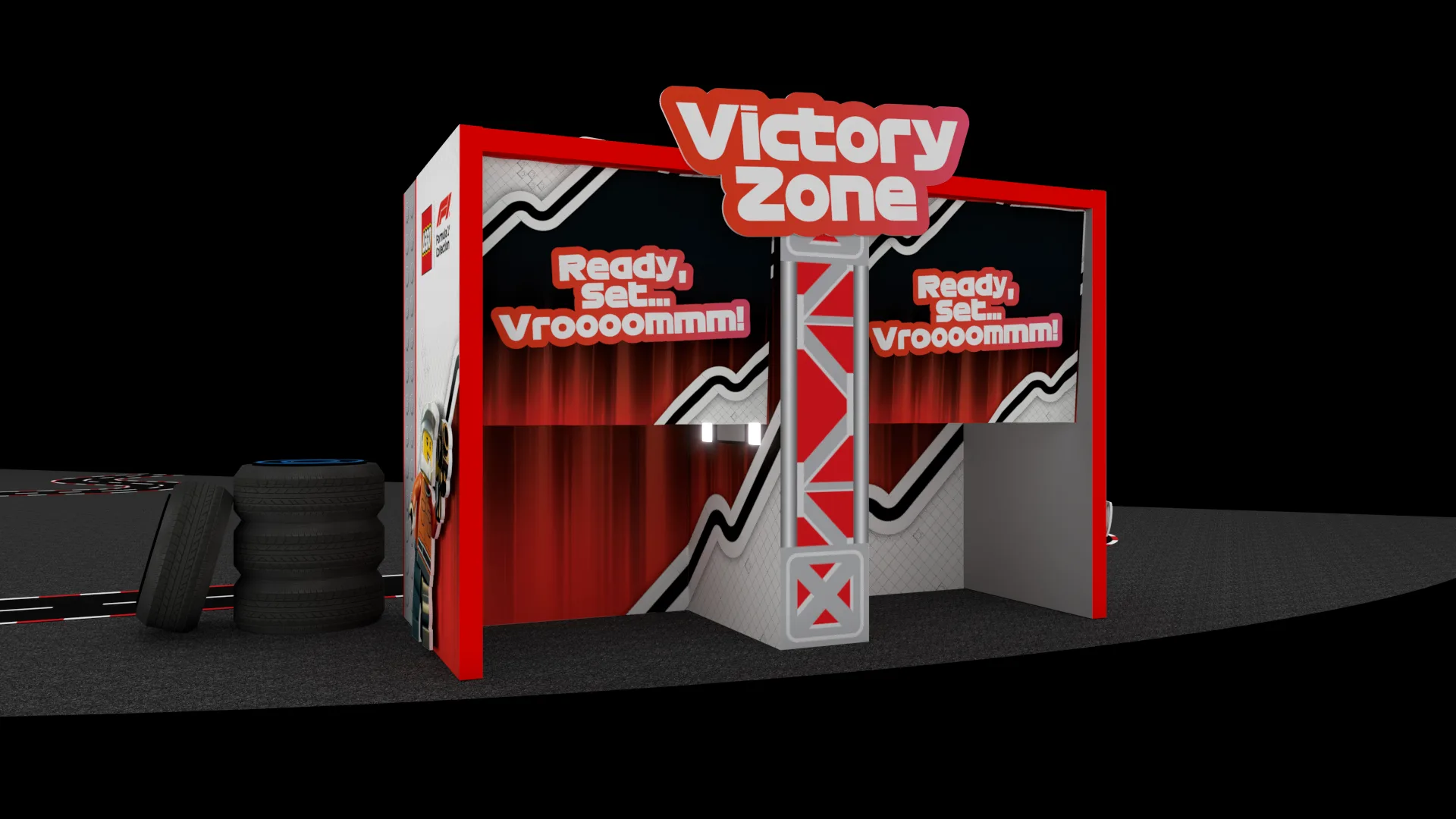 Illustration of the Victory Zone booth with red curtains and the tagline 'Ready, set... Vroooomm!'