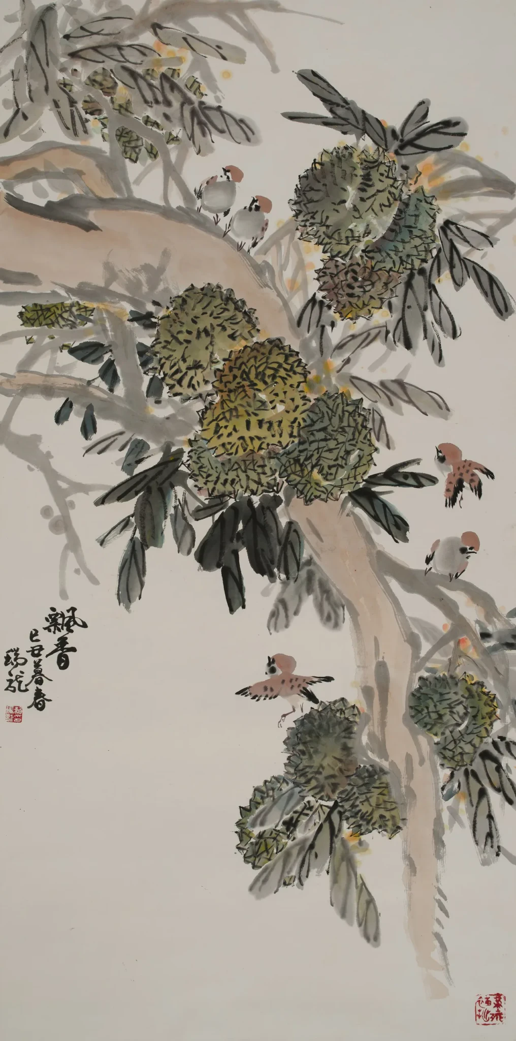 Nai Swee Leng's ink painting Durians and Sparrows, showing sparrows perched among durian branches