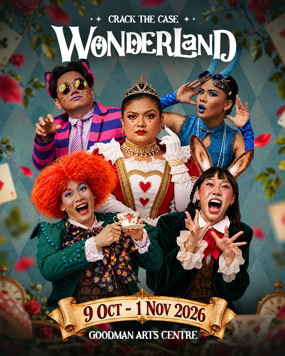 Five costumed performers in Wonderland outfits on the key art for Crack the Case: Wonderland