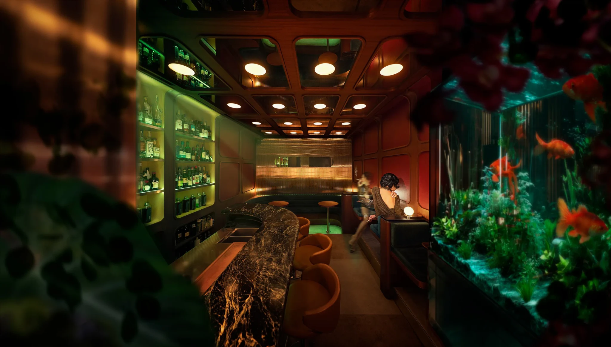 Sarah Choo Jing's photograph 2015h showing a dimly lit bar with a marble counter, backlit bottle shelves, a goldfish aquarium and a woman seated in a booth