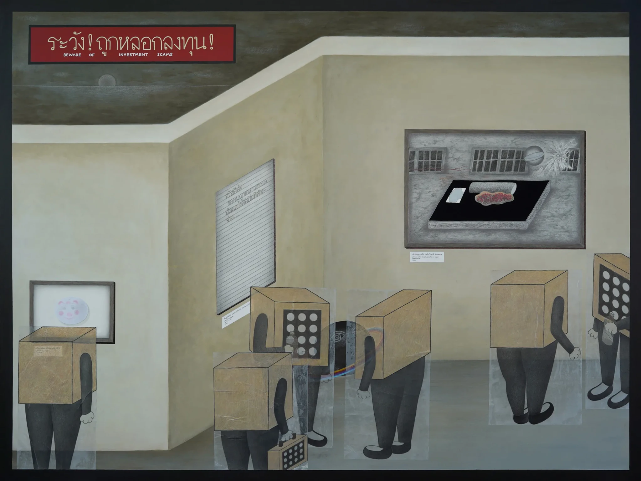 Aracha Cholitgul's painting Beware! Of Investment Scams showing cardboard-box-headed figures in a gallery under a red banner