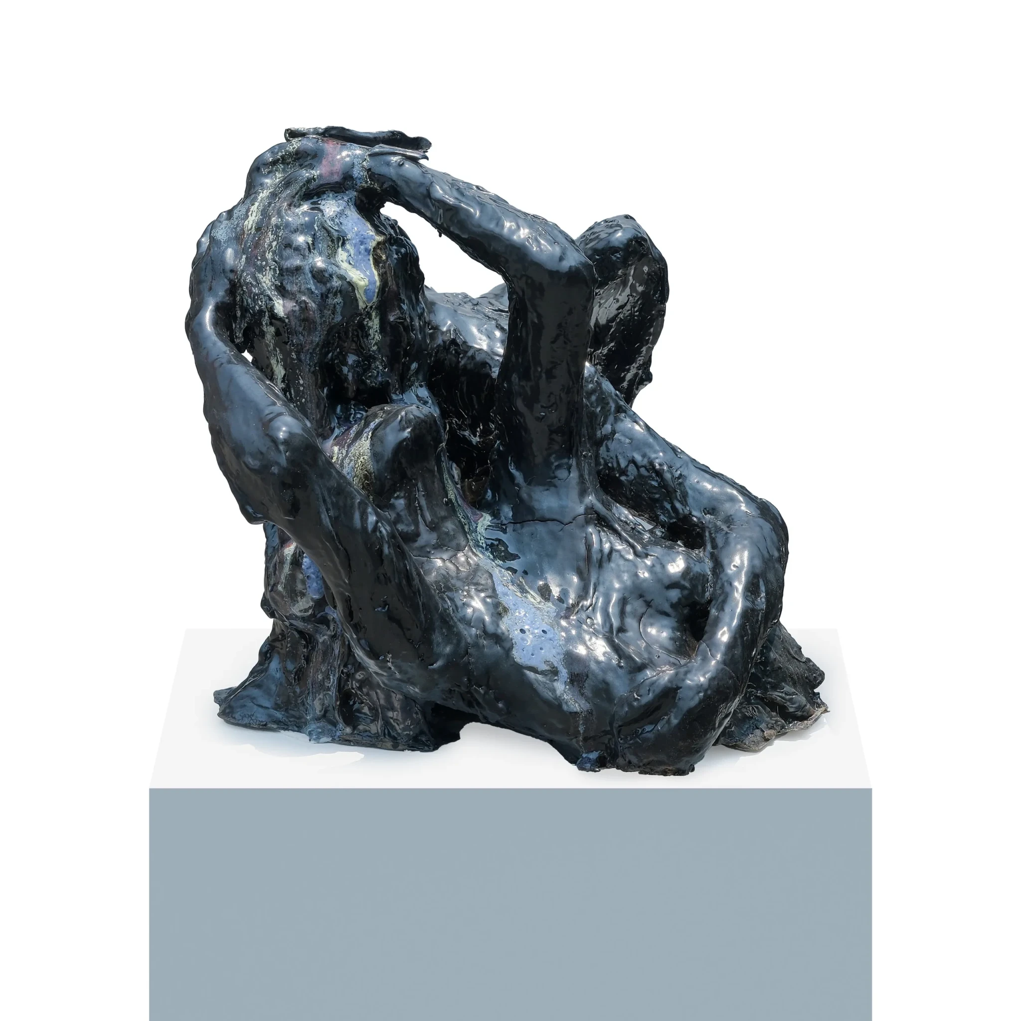 Dzikra Afifah's glazed stoneware sculpture Crude Fuse on a grey plinth against a white wall