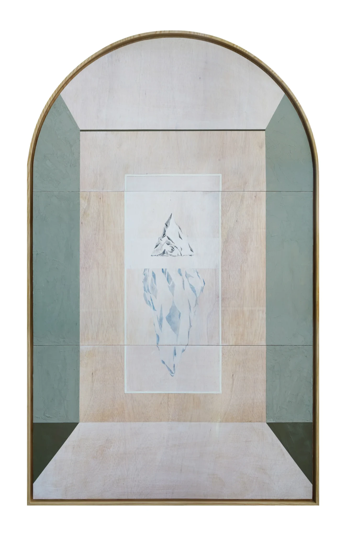 Kayleigh Goh's arched wooden panel A Turn with a pale iceberg drawn at its centre