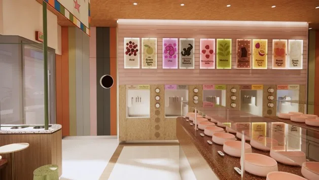 The interior of the Sogurt flagship with illuminated flavour panels above the self-serve froyo counter