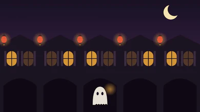A lantern-lit shophouse row with a ghost in a five-foot-way arch.