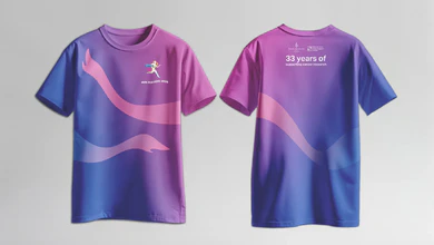 Front and back views of the Run For Hope 2026 race shirt in a magenta and blue gradient