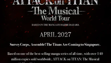 Key art for ATTACK on TITAN The Musical World Tour showing a figure in a brown Survey Corps jacket raising a fist above the Singapore dates