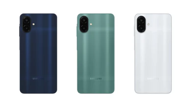 The Galaxy A08 in dark blue, green and silver.
