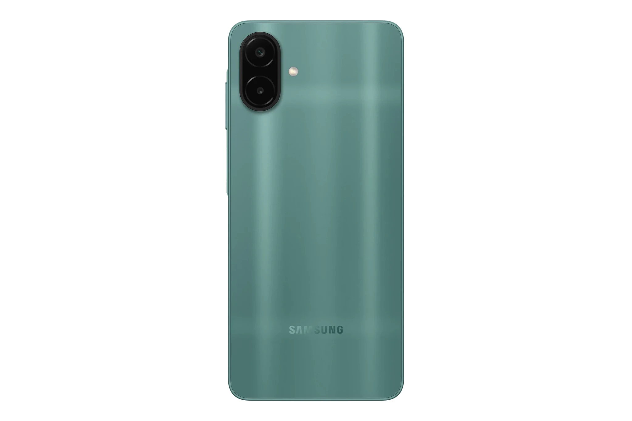 The green Samsung Galaxy A08 seen from the back, with a vertical dual-camera module and the Samsung logo
