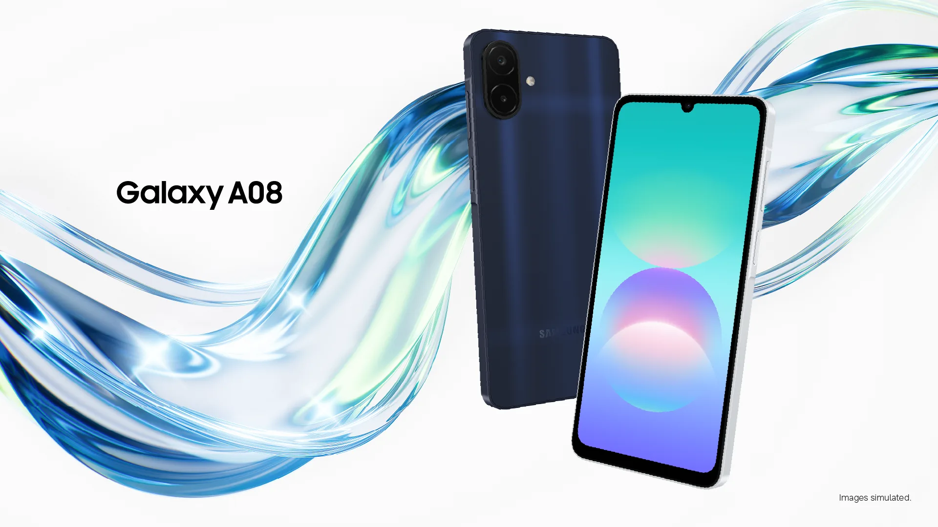 Dark blue Samsung Galaxy A08 smartphone showing its dual rear cameras and a front screen with a turquoise, purple and pink gradient wallpaper