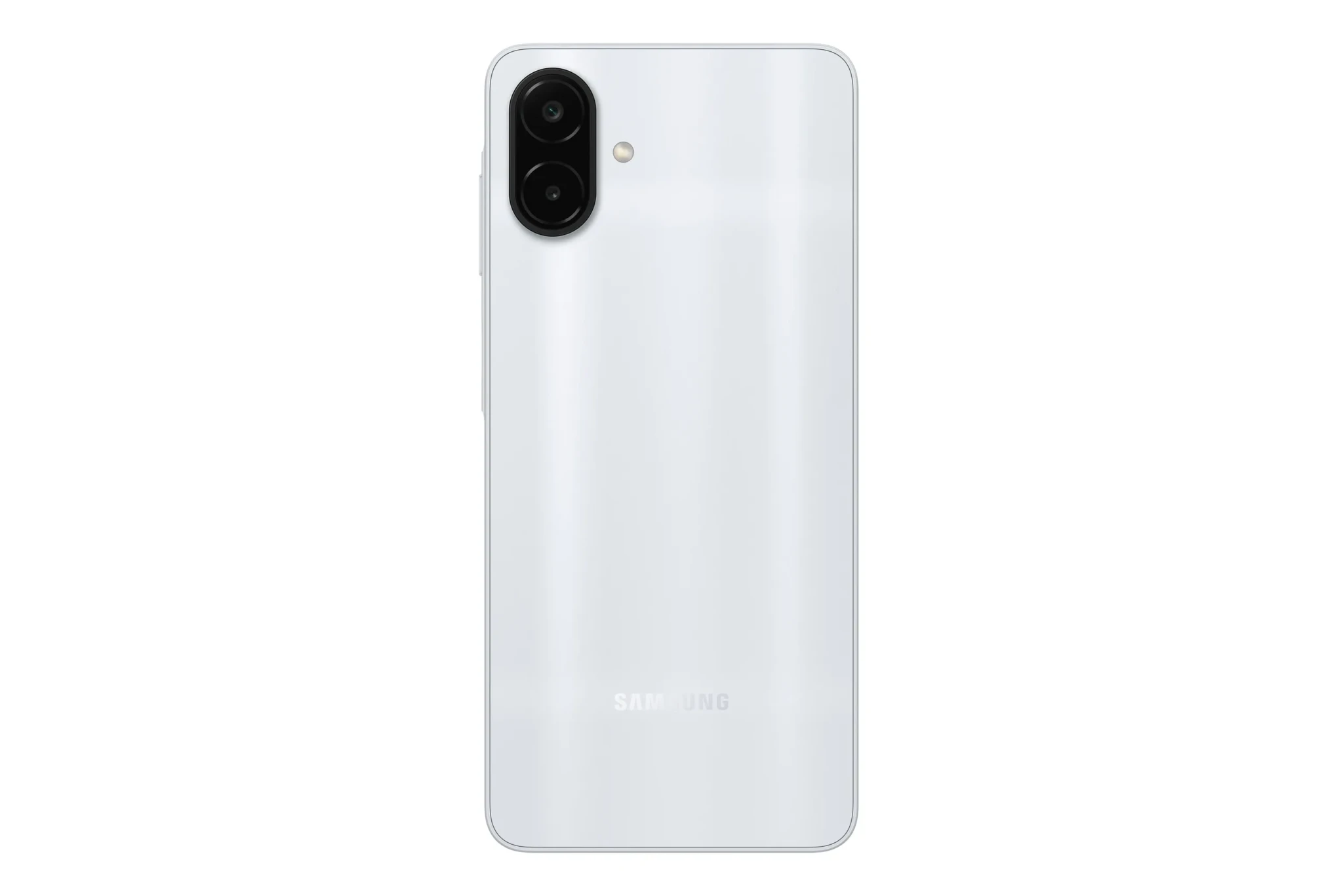 The silver Samsung Galaxy A08 seen from the back, with its dual-camera module and the Samsung logo