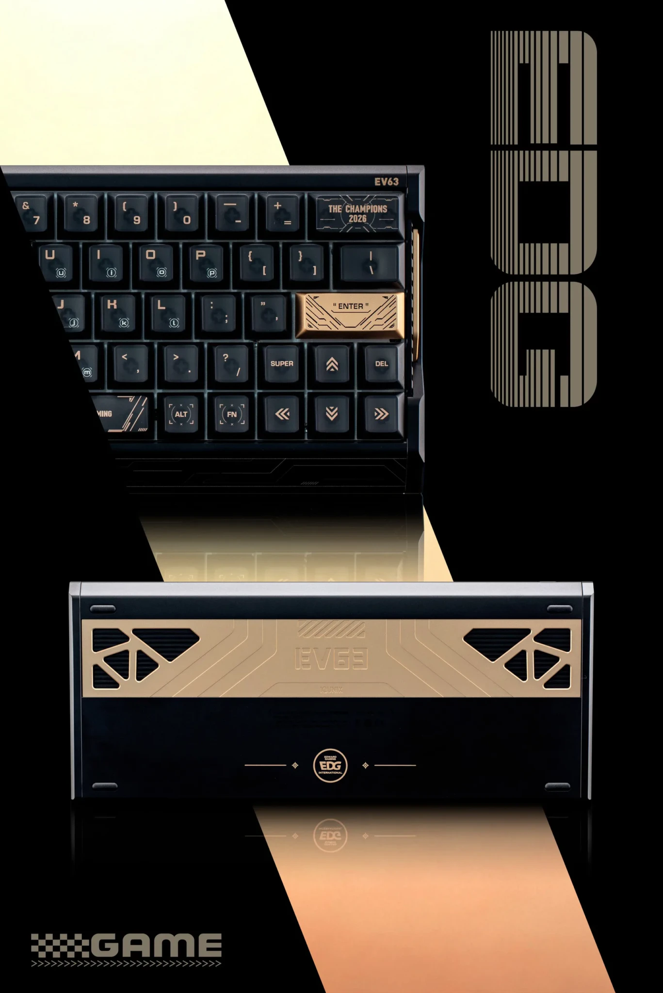 Top and rear views of the black and gold EV63 EDG Edition with a THE CHAMPIONS 2026 keycap and EDG branding on the back