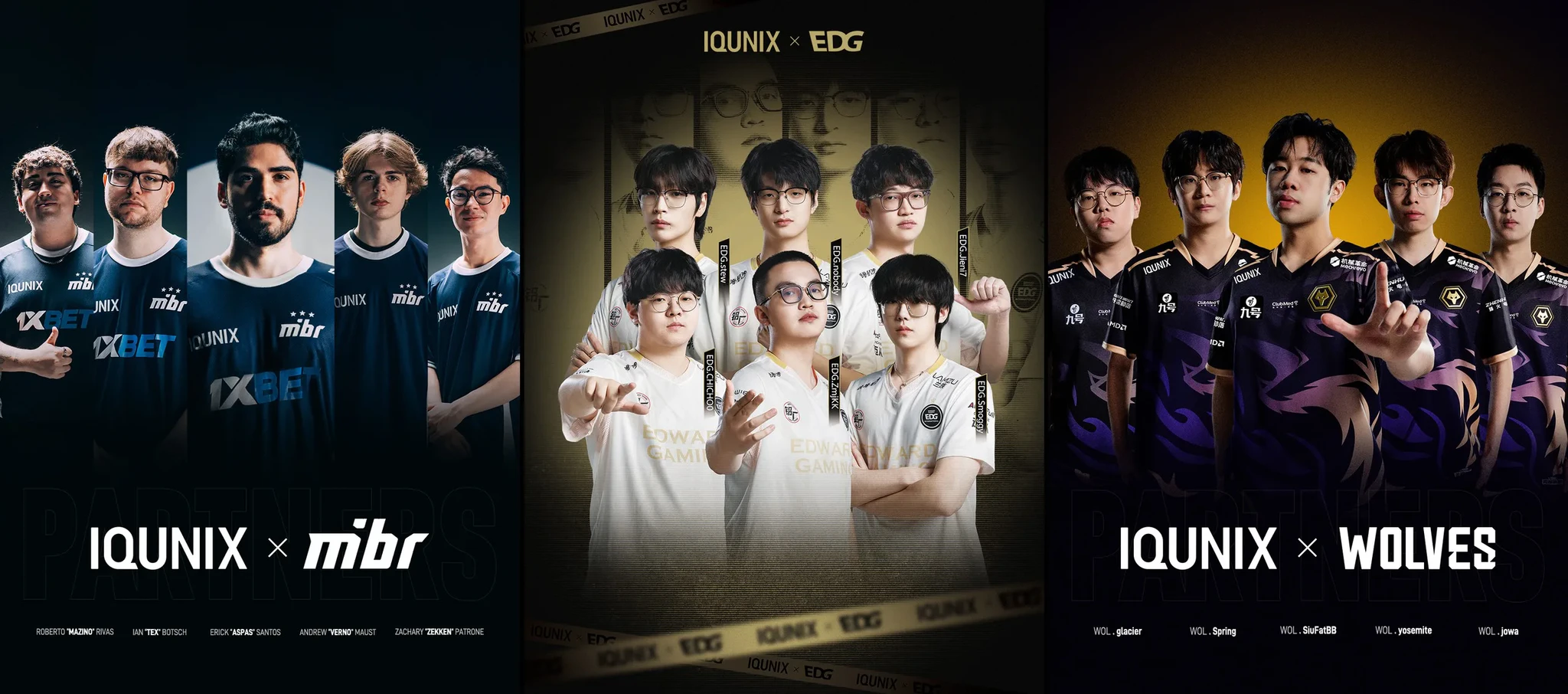 IQUNIX partner artwork showing mibr, EDG and Wolves players in their team kits