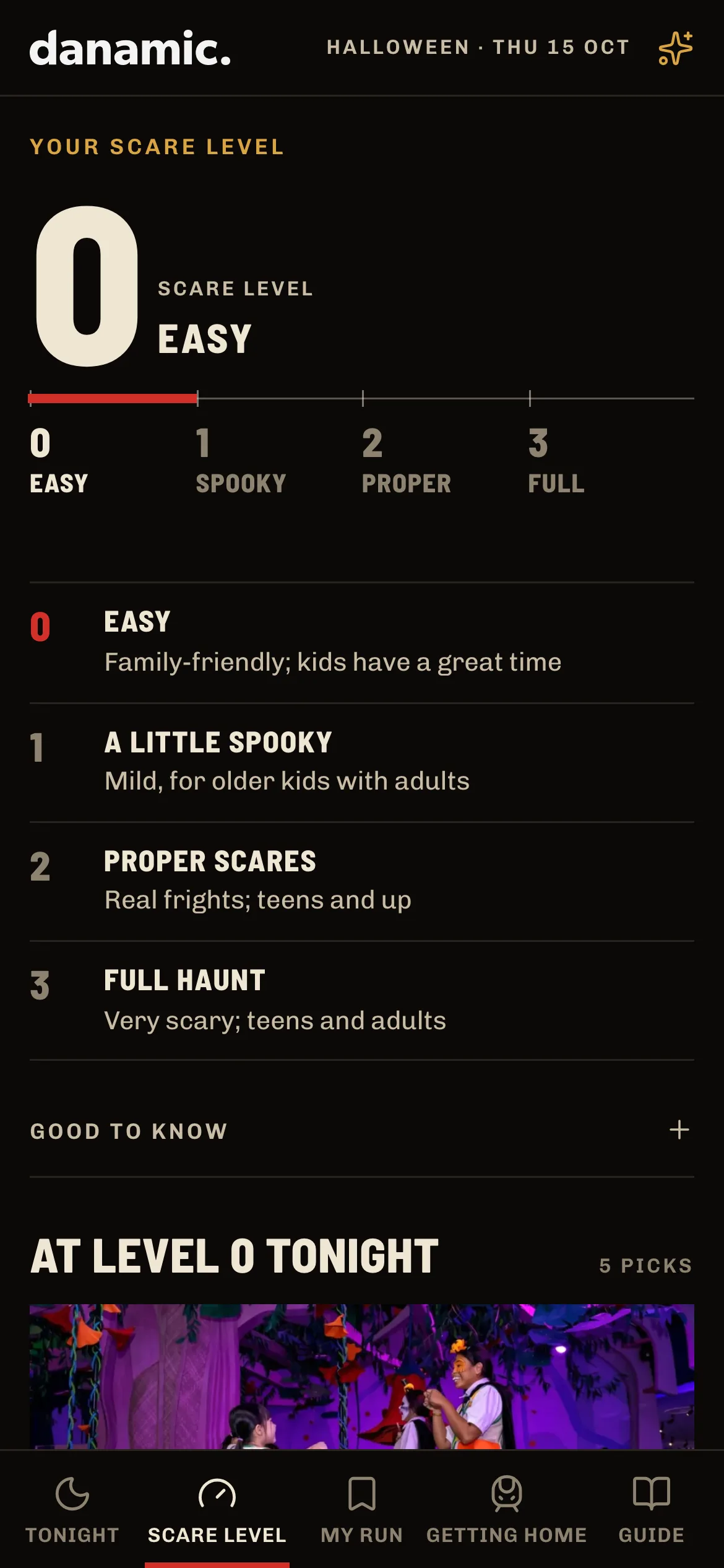 The hub's Scare Level view set to Level 0, Easy, on a phone