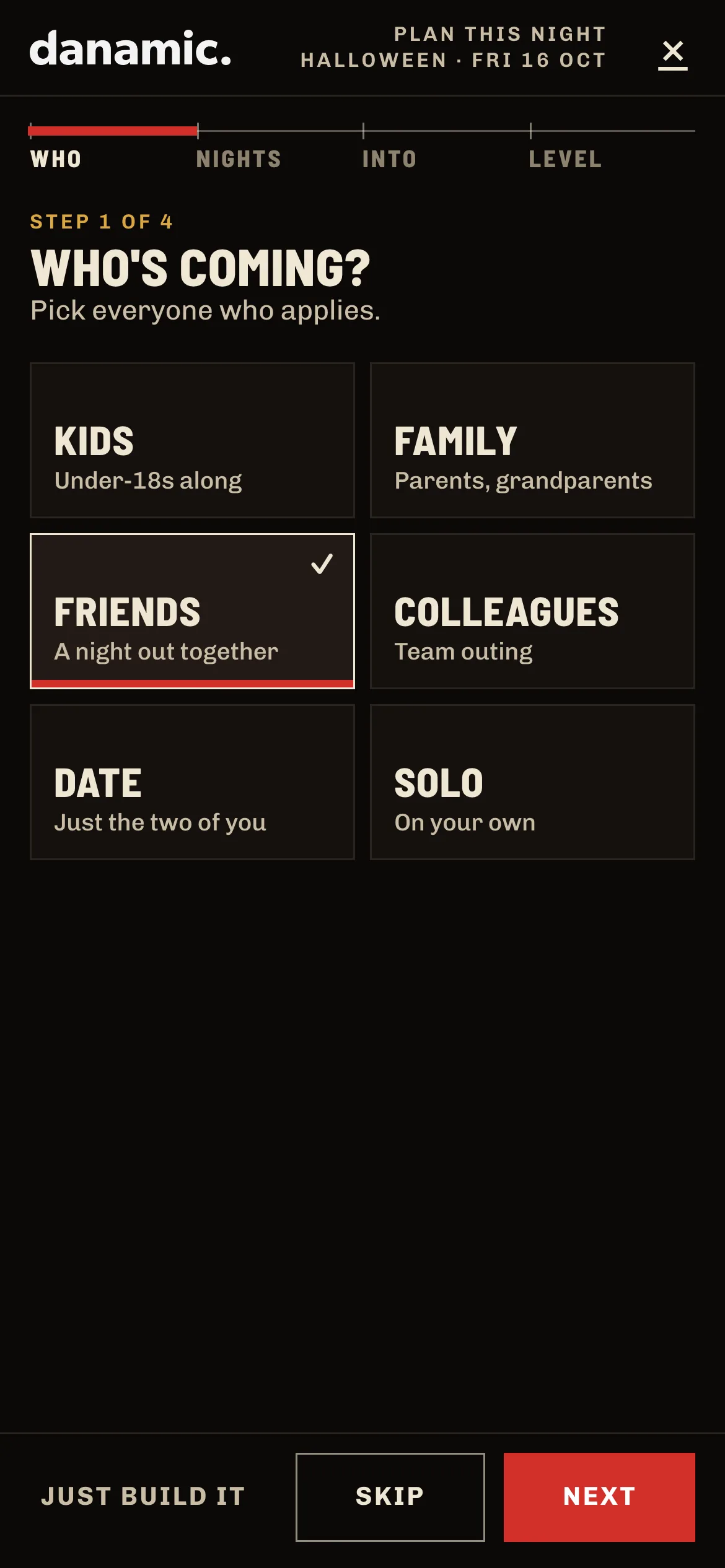 Step 1 of the Plan My Night planner on a phone, asking who is coming