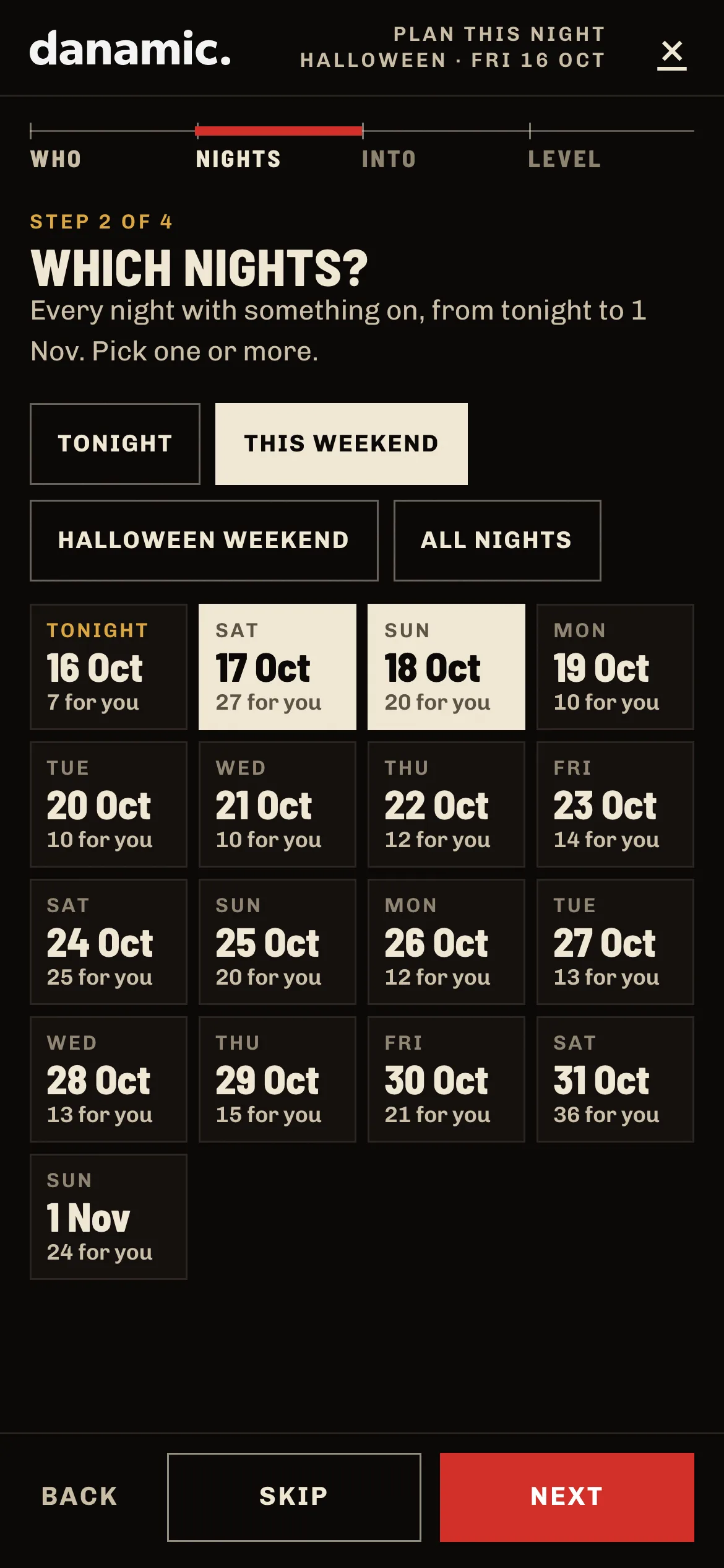 Step 2 of the planner showing nights from tonight to 1 November, each with a count of picks for you