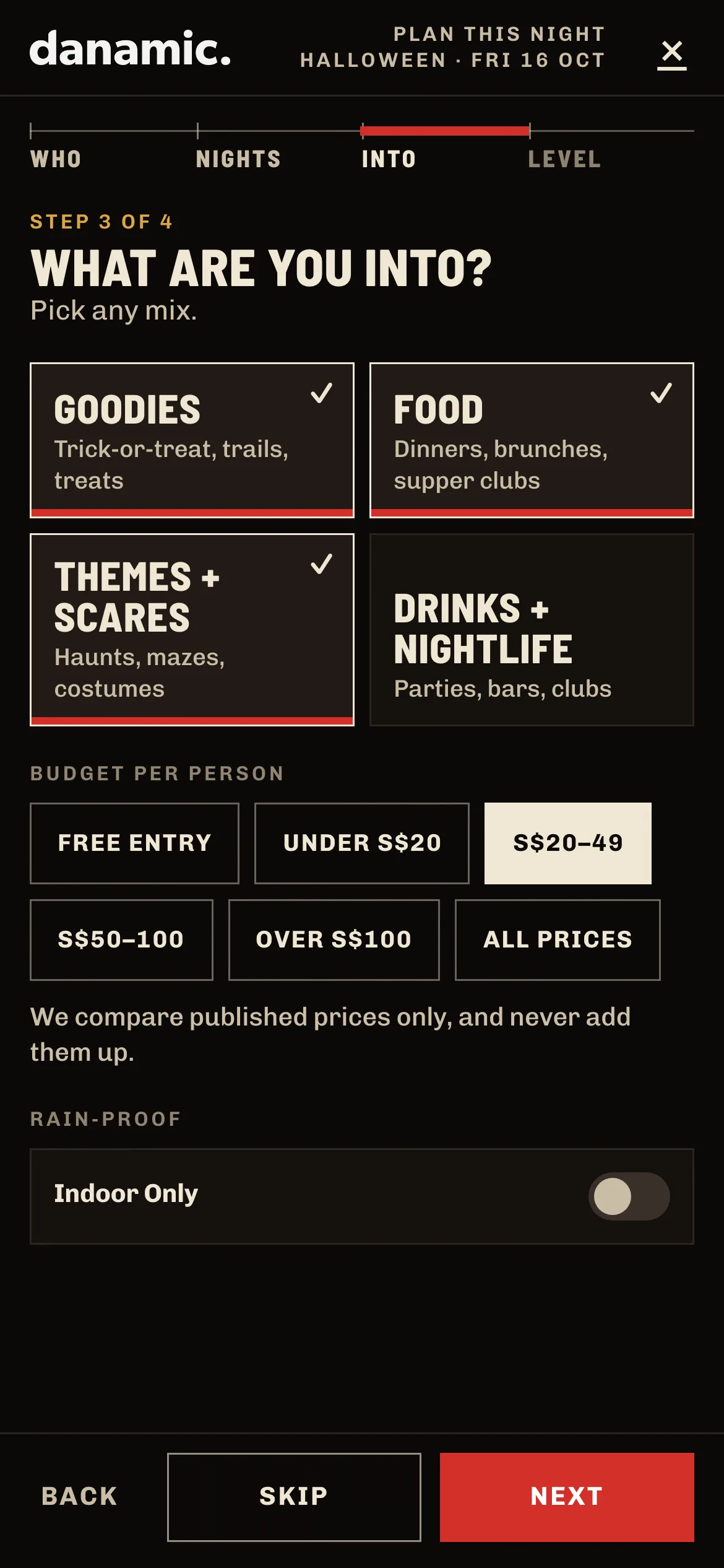 Step 3 of the planner with Goodies, Food and Themes + Scares selected, a budget of S$20 to S$49 and the Rain-Proof switch