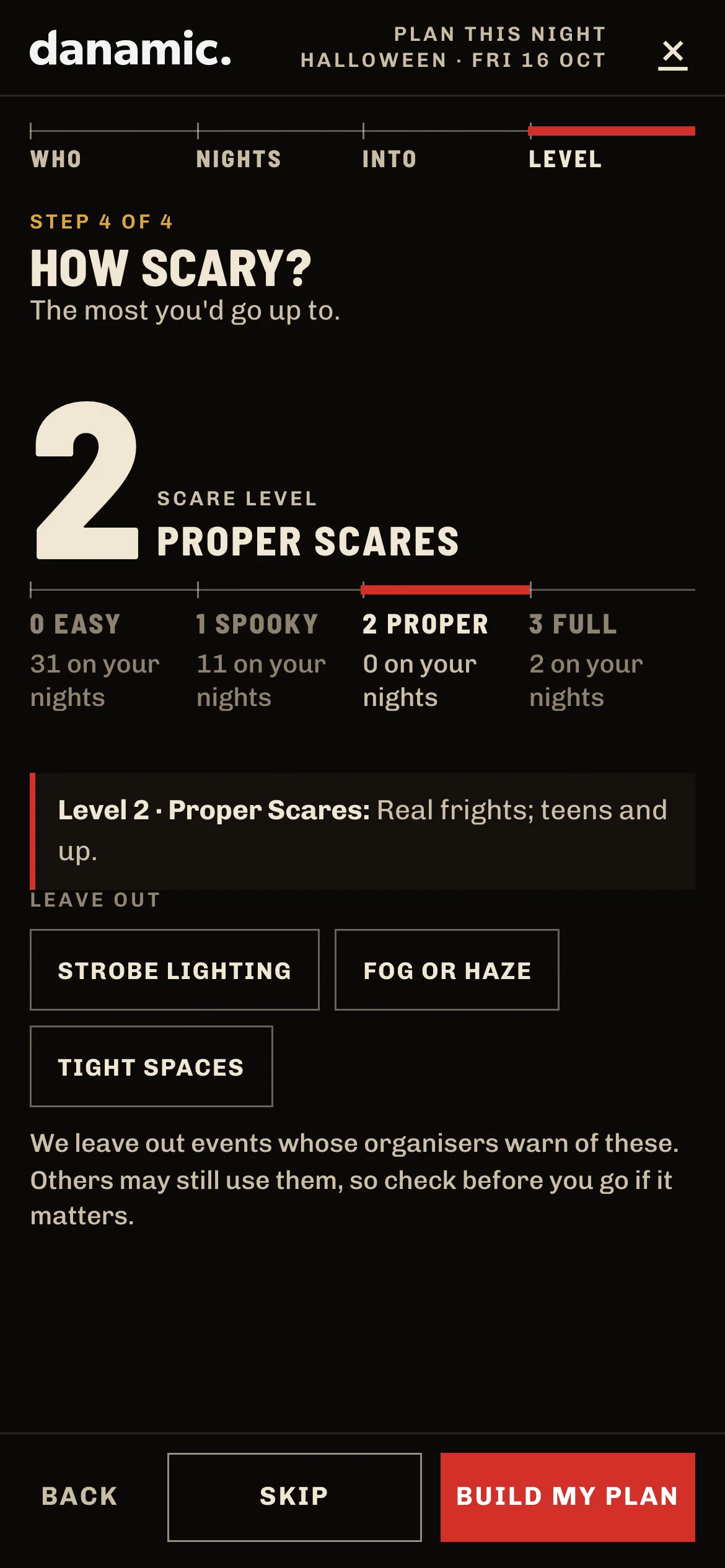 Step 4 of the planner showing the scare levels, the Leave Out options and the Build My Plan button