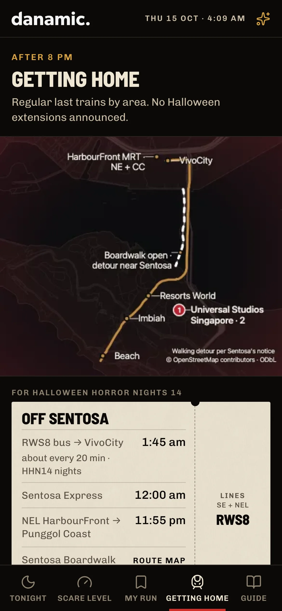The hub's Getting Home view with last trains and a map of the Sentosa Boardwalk detour