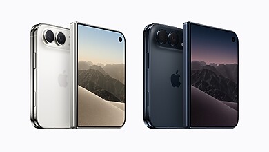The iPhone Duo in star white and night sky, one closed with the camera back and one open showing the screen
