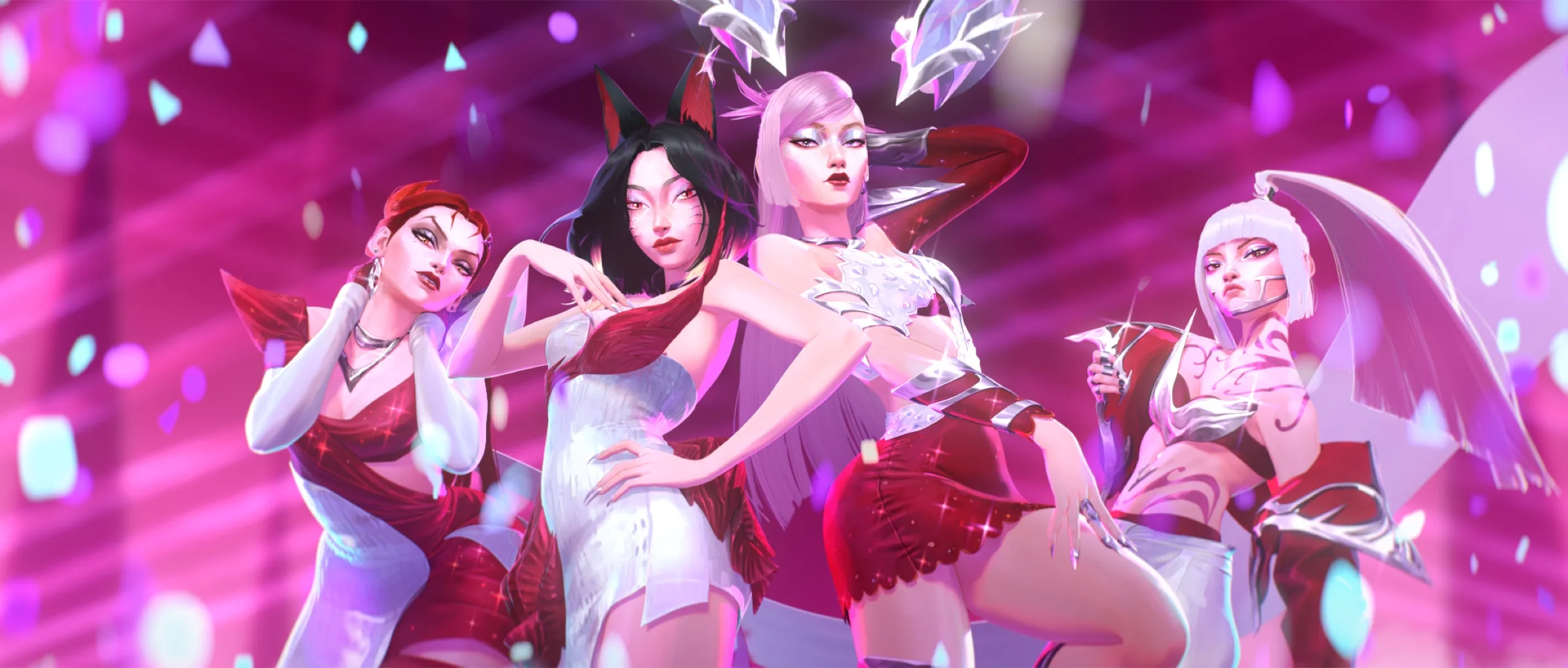 The four K/DA members in a pink-lit stage scene.