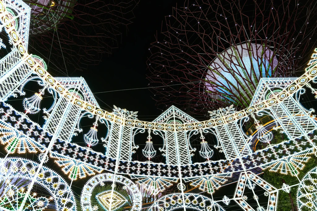 Festive lights beneath the Supertrees at Christmas Wonderland, Gardens by the Bay, in 2024