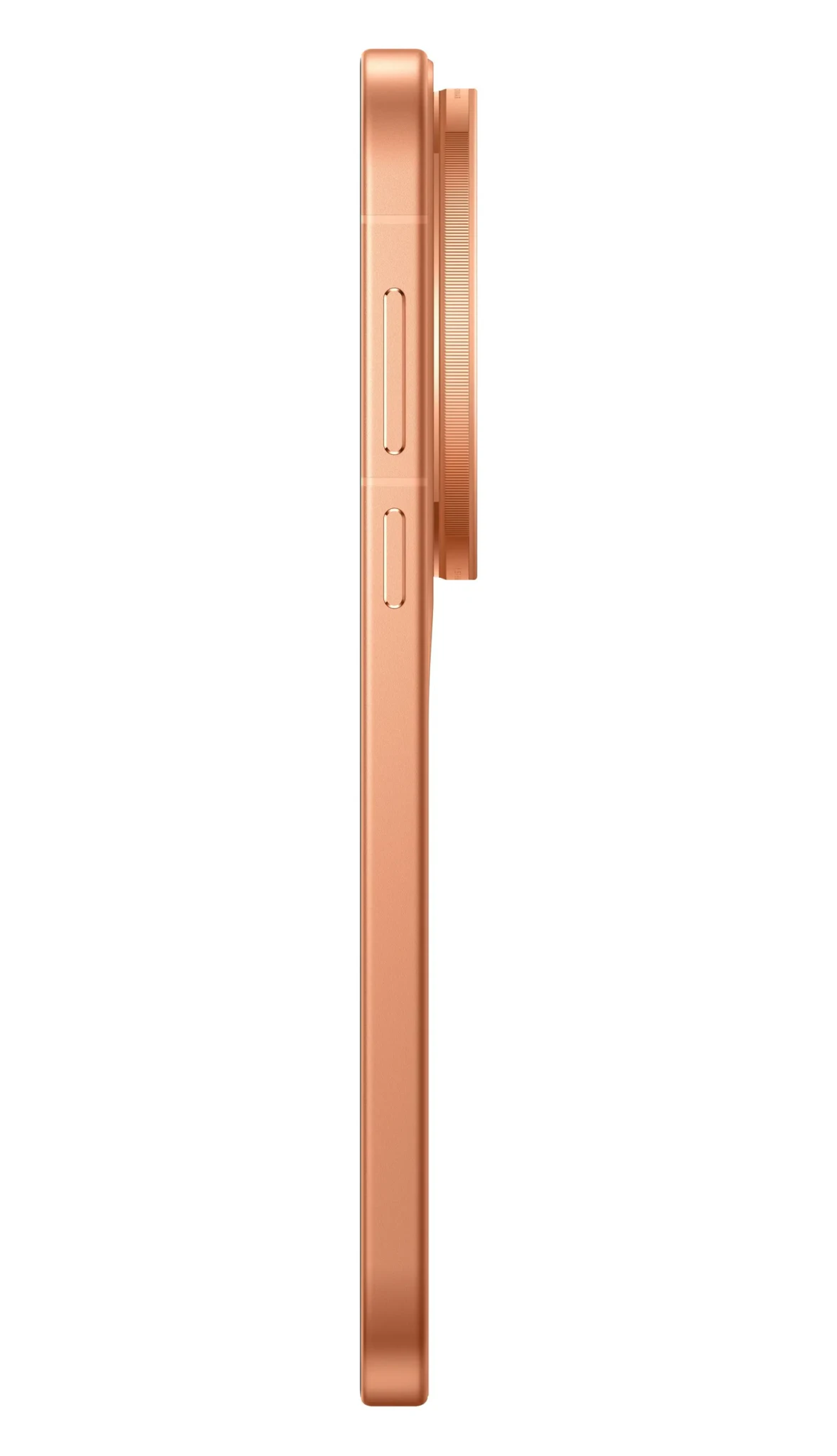 Side view of the vivo X500 Pro Max in Sunset Orange showing its metal frame, buttons, and raised camera module