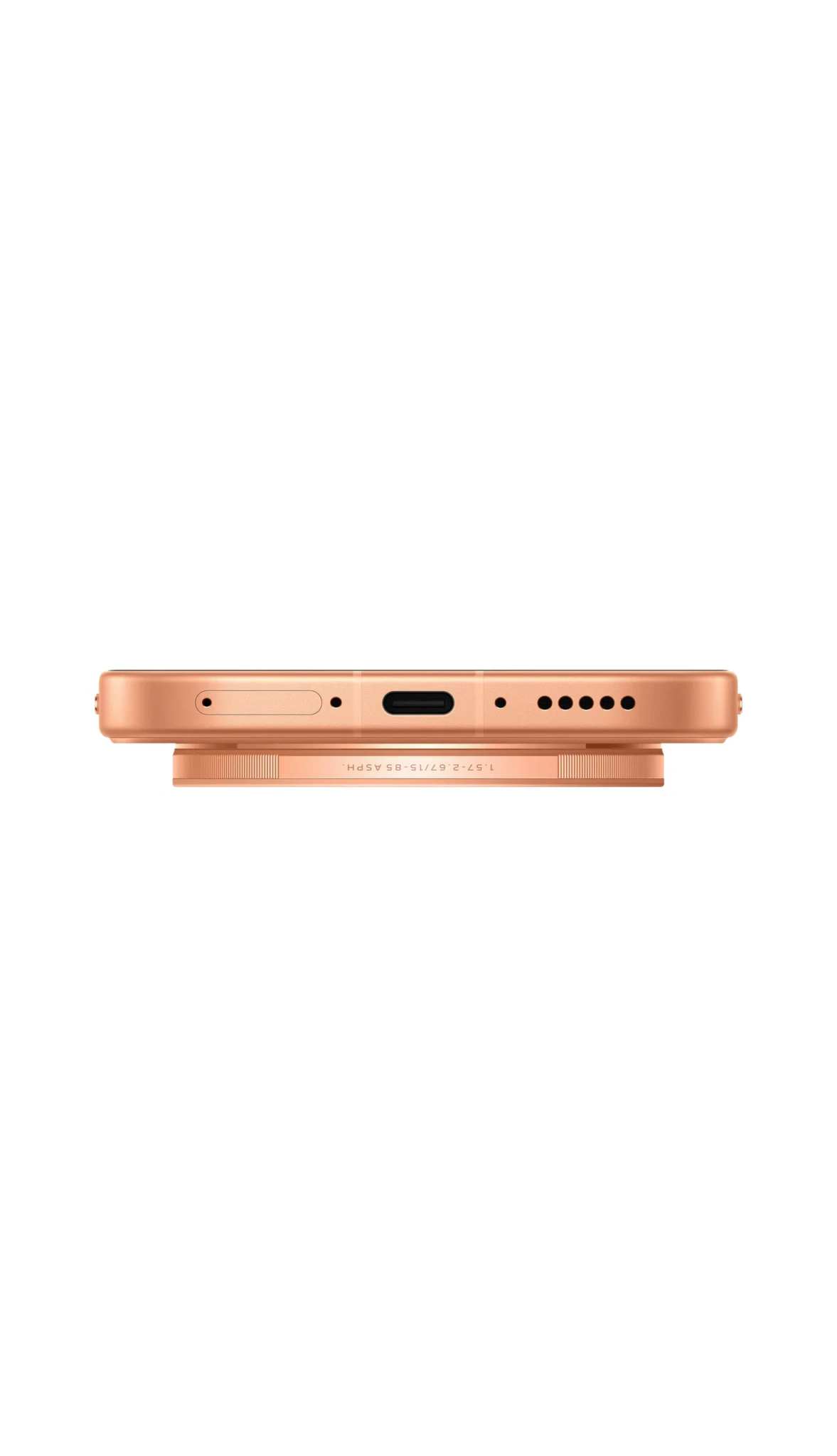 Sunset Orange vivo X500 Pro Max phone, bottom edge view showing USB-C port, speaker grille and camera module