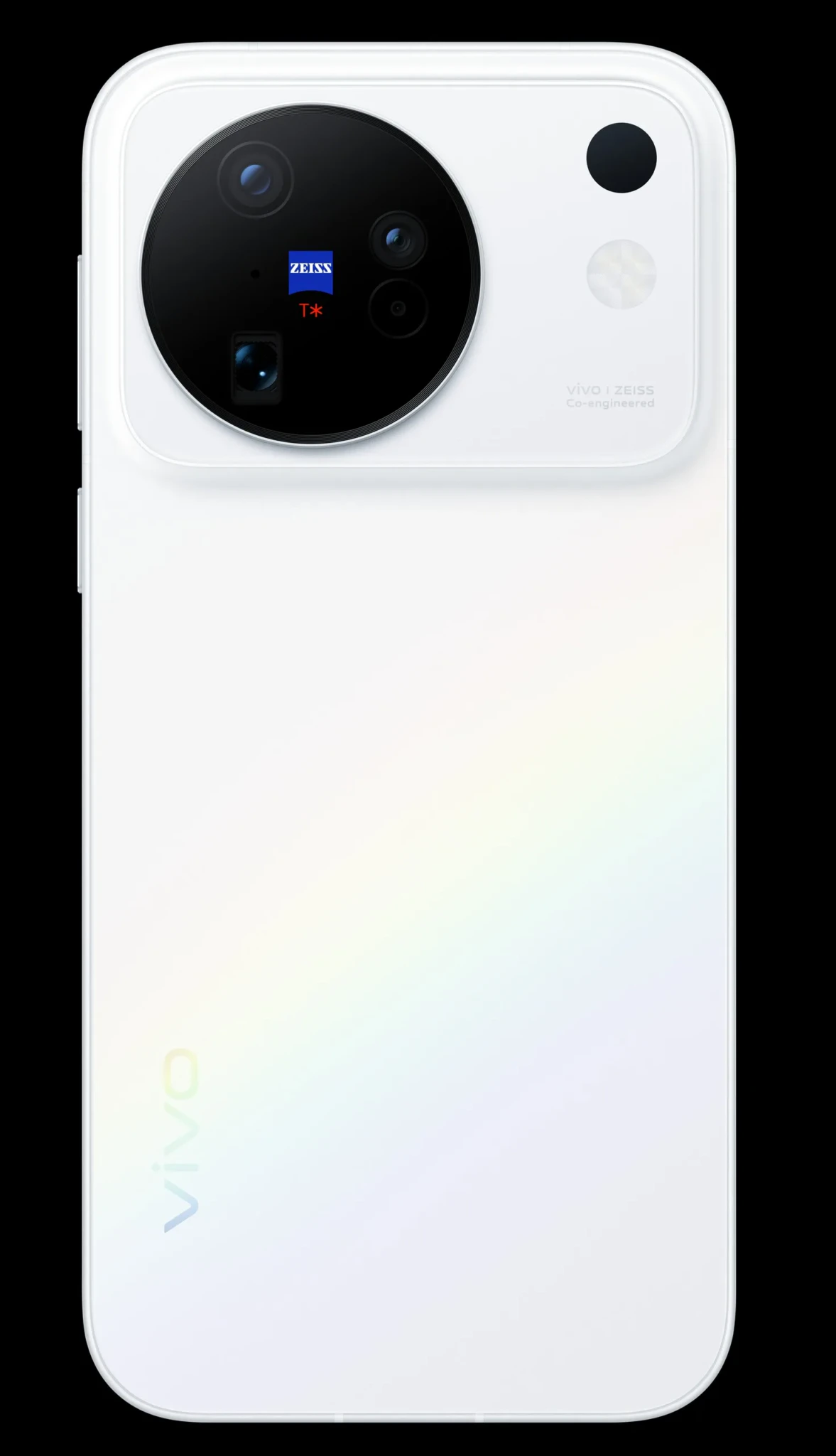 The back of the vivo X500 in Sunny White with its ZEISS co-engineered camera module