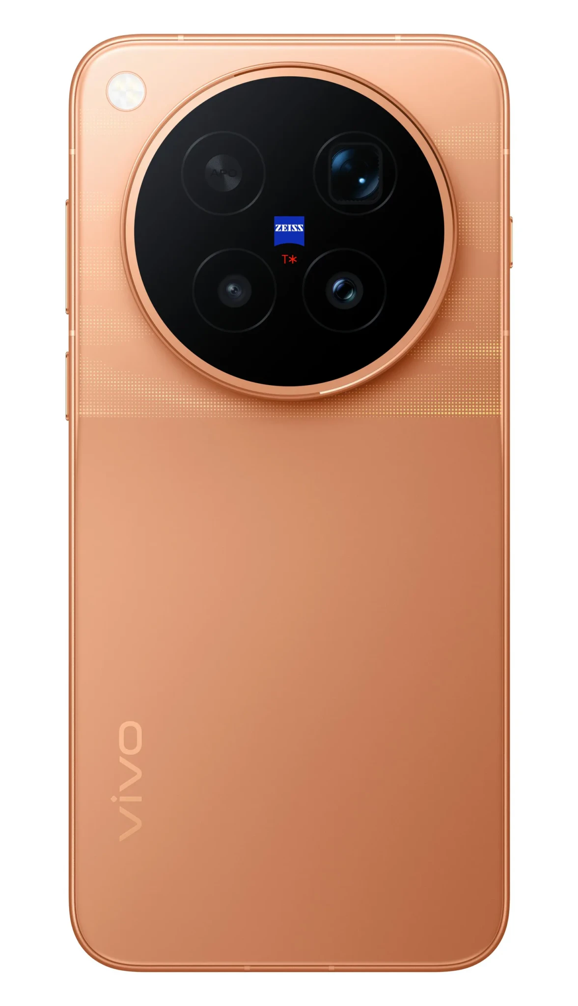The back of the vivo X500 Pro Max in Sunset Orange with its circular ZEISS camera module