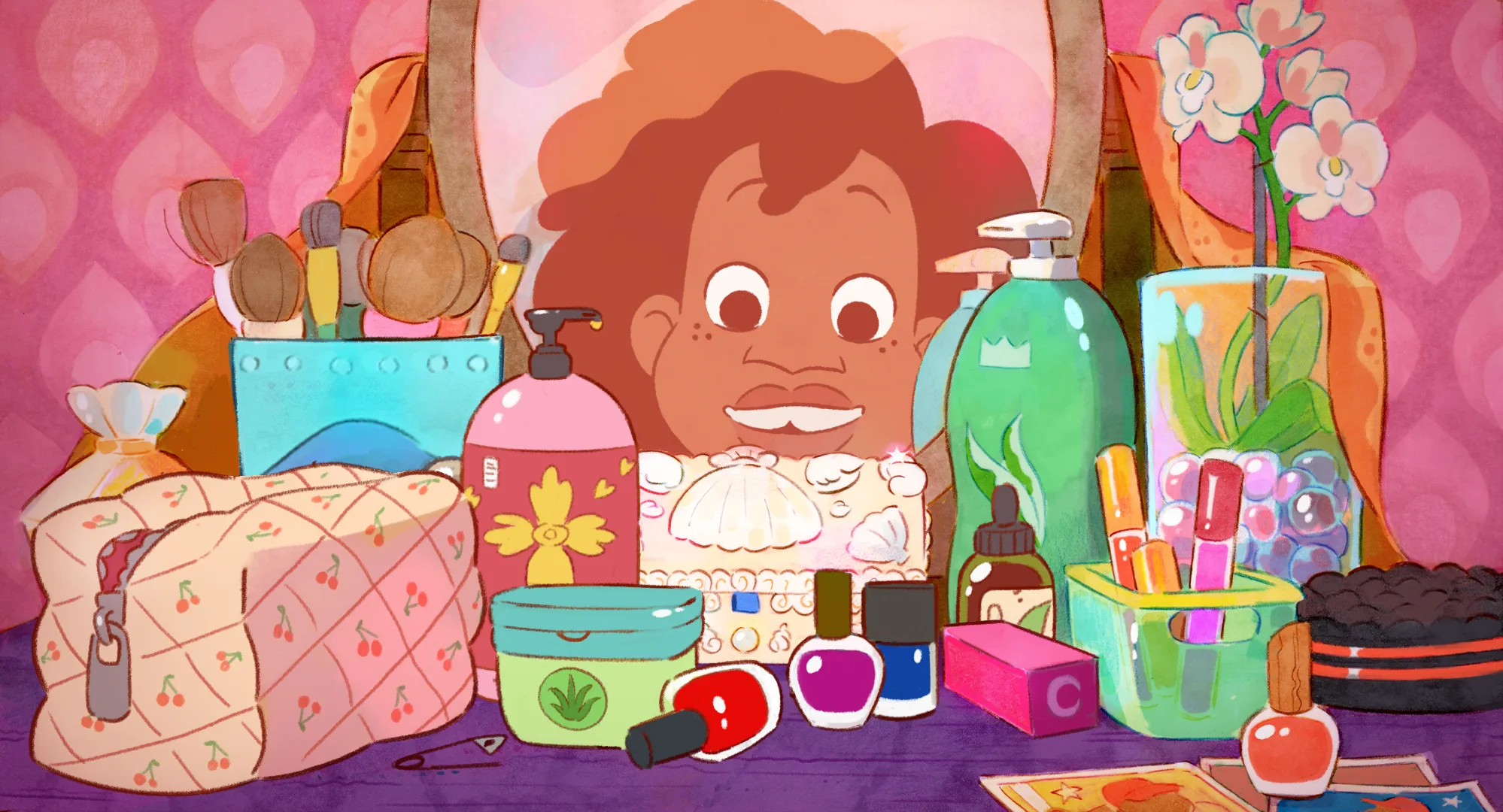 Animated key art of a curly-haired child grinning behind a vanity crowded with makeup brushes, nail polish and orchids