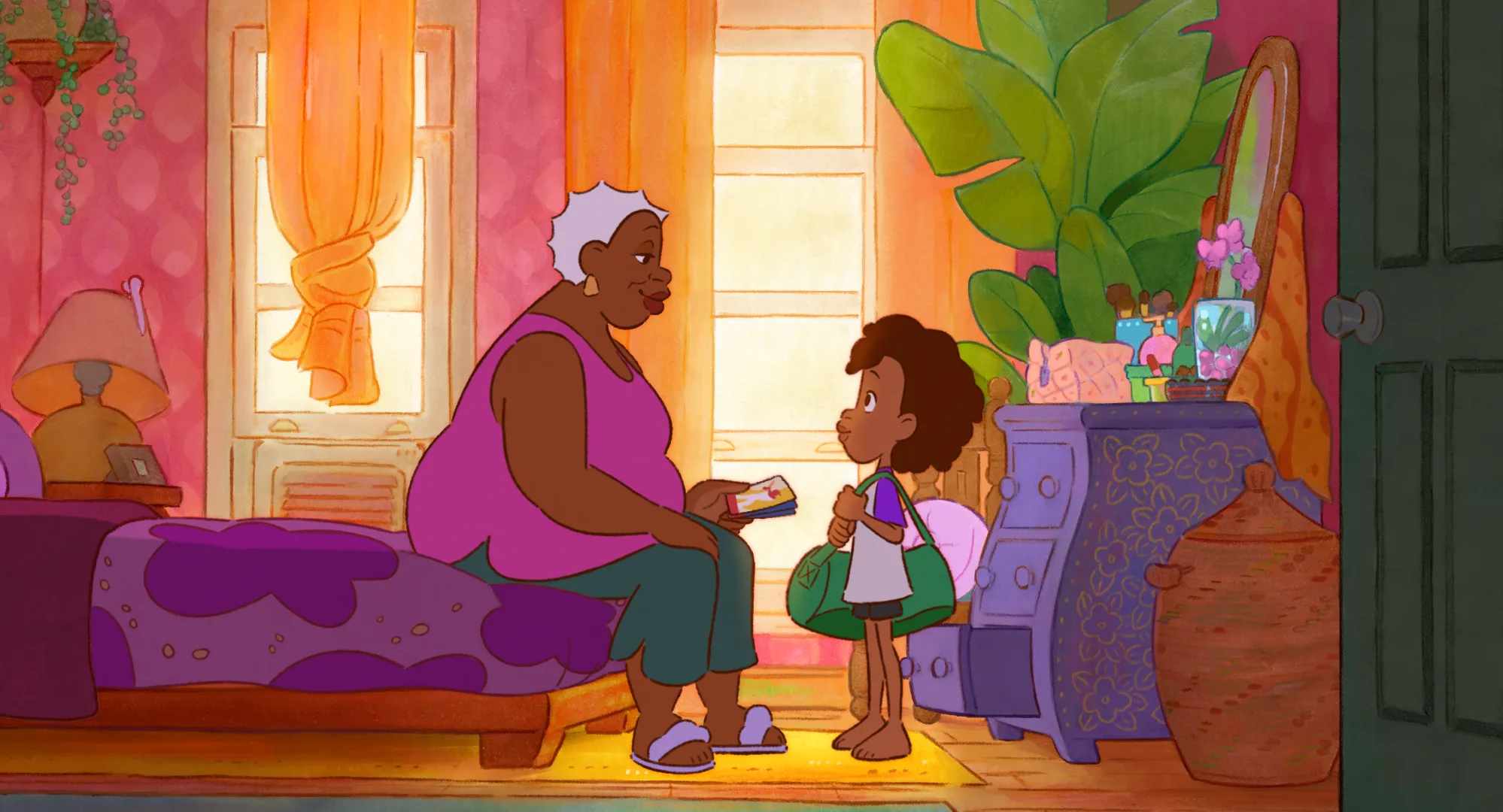 An animated grandmother in a pink top sits on a purple bed and hands a small card to a boy carrying a green bag