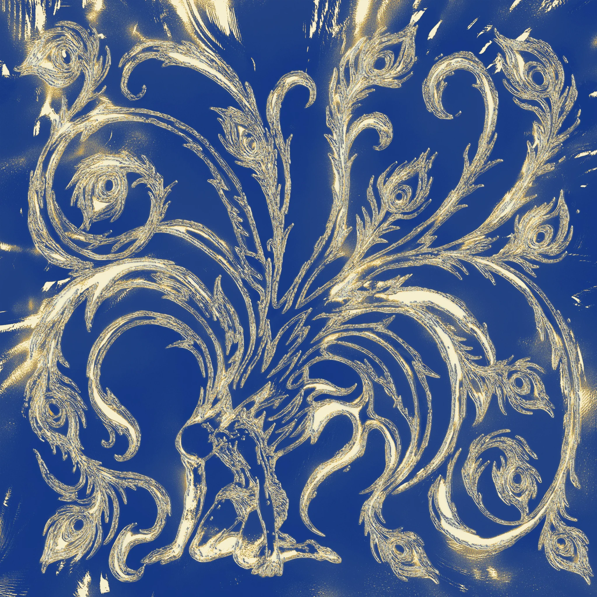 Gold-on-blue ornamental cover art of peacock feathers and swirling scrolls for can't be blue's bluende EP