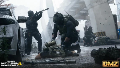 Operators in tactical gear crouch and aim beside a wrecked car under a concrete overpass in Call of Duty: Modern Warfare 4's DMZ mode