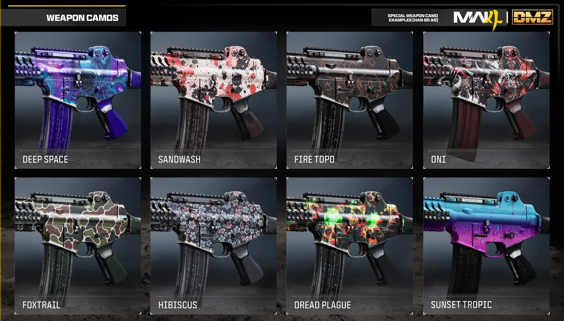 Special weapon camos for the HAN 86 assault rifle in Call of Duty: Modern Warfare 4 DMZ, including Deep Space, Oni and Hibiscus