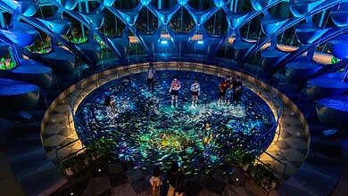 Visitors stand on a glowing floor projection under a blue lattice ceiling at Sentosa Sensoryscape at night