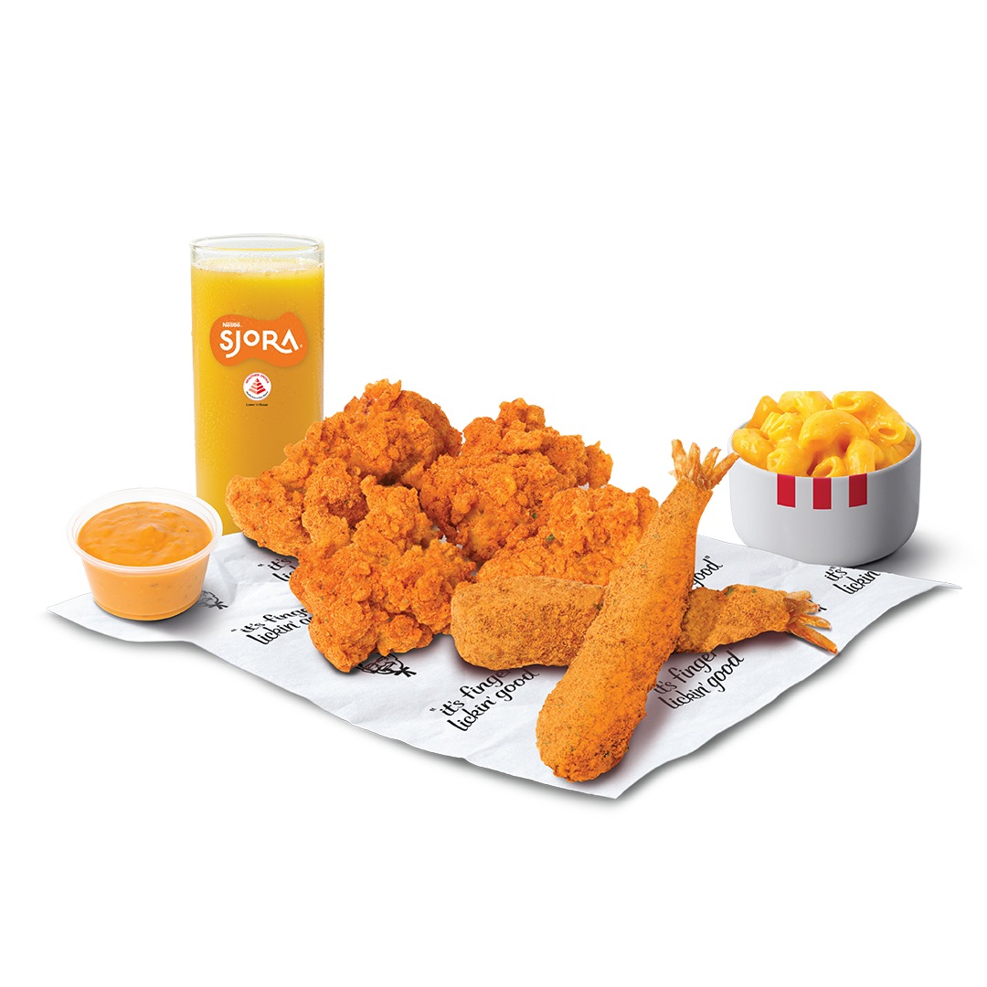 KFC Louisiana Surf N' Turf Platter Meal with chicken bites, prawn, dip, mac and cheese and a Sjora drink