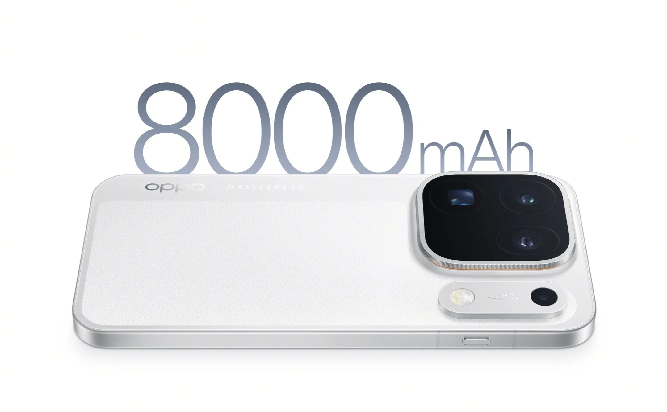 The OPPO Find X10 Series phone in white with its 8,000mAh battery callout and Hasselblad camera module