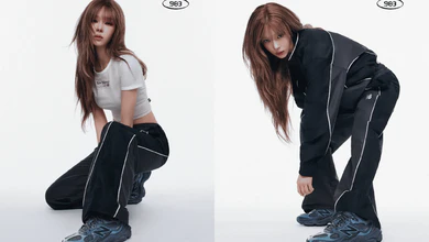 Winter of aespa wearing the New Balance 983 in two outfits, a white cropped tee with black track pants and a full black tracksuit