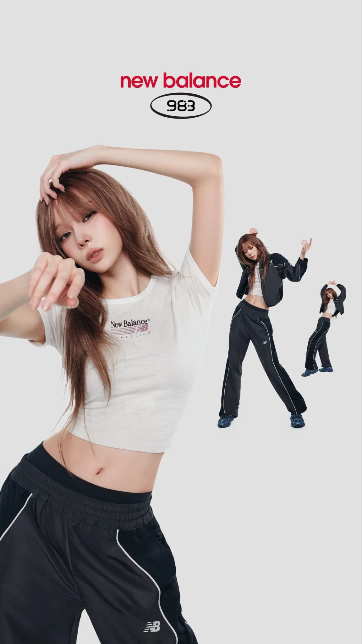 Winter of aespa in a New Balance Athletics cropped tee and black piped track pants with the New Balance 983