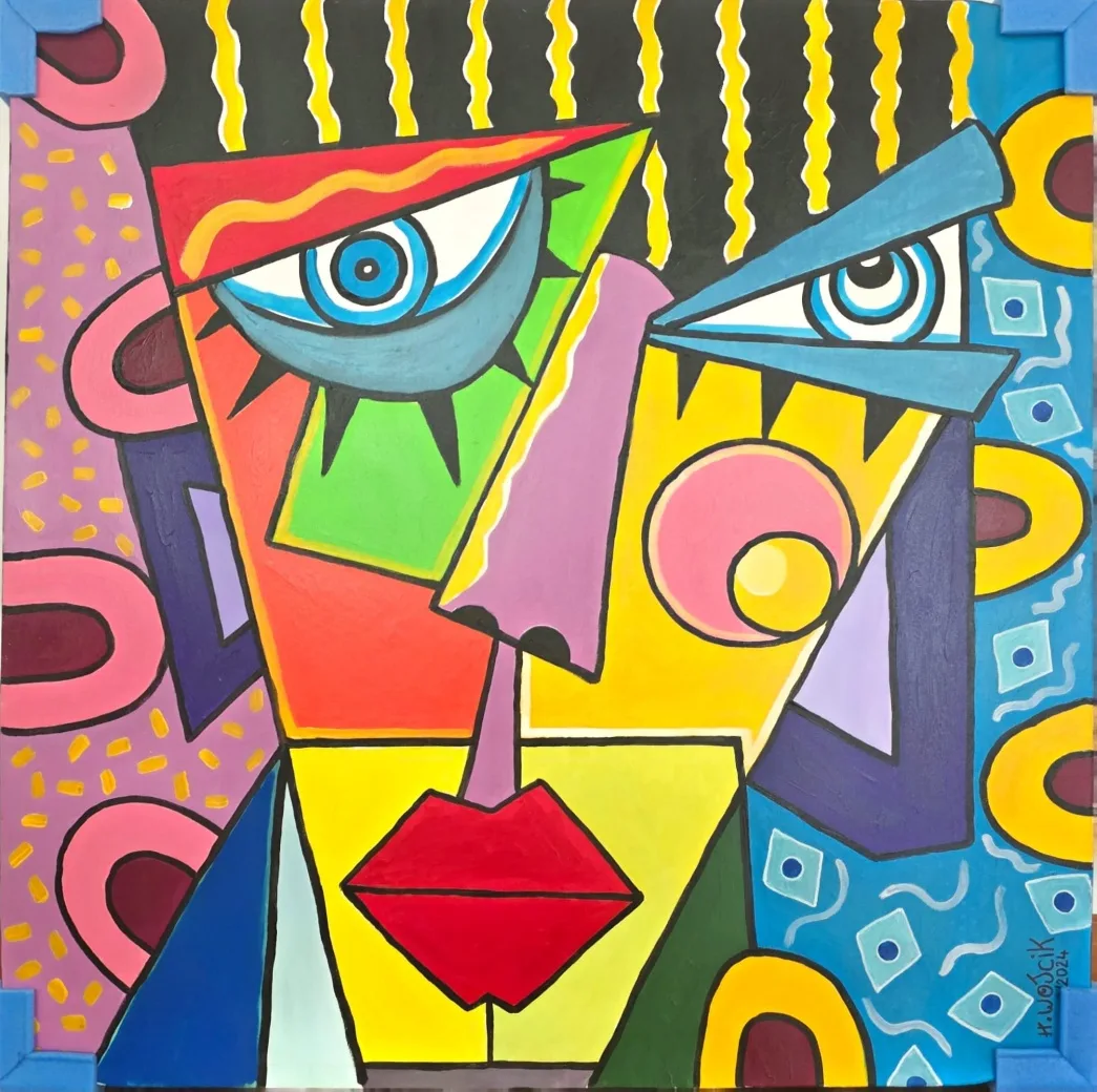 Cubist-inspired painted face broken into bold planes of colour, pattern and line