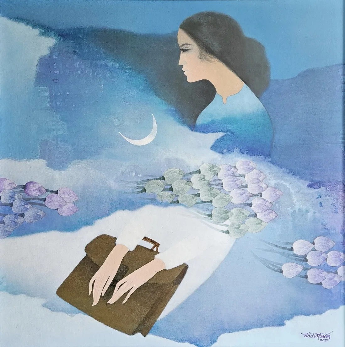 Painting of a woman in profile beside a crescent moon, with lavender and pale green tulips and a brown handbag