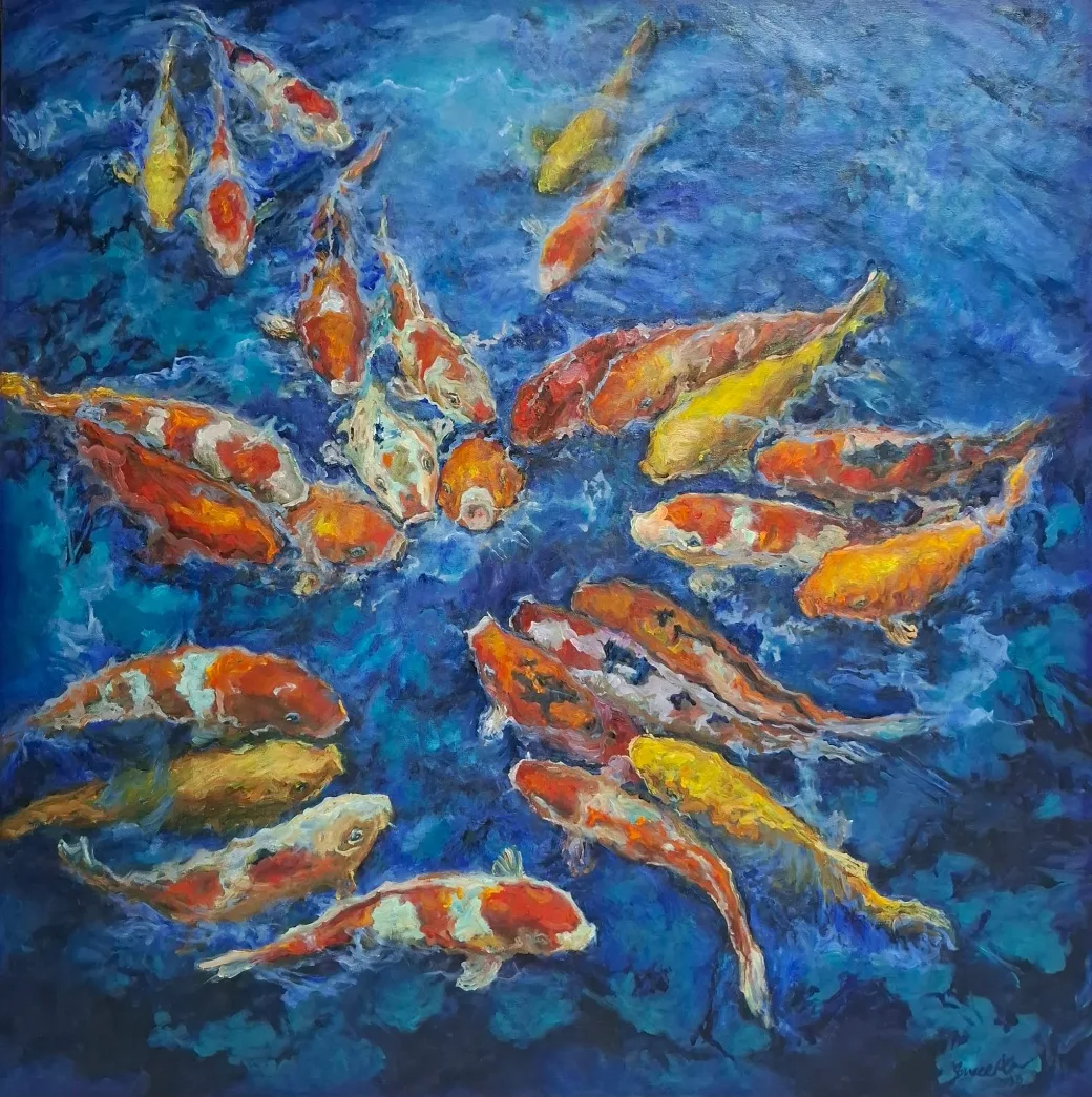 Oil painting of koi fish swirling across a deep blue water surface