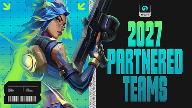 Key art for the VCT Pacific 2027 Partnered Teams announcement, showing a stylised agent character holding a rifle beside the title text
