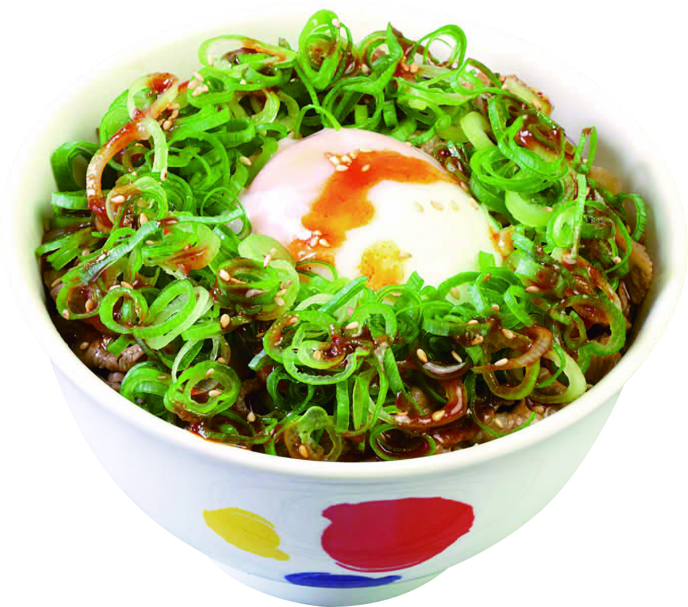 Matsuya's Gyu Negitama beef bowl topped with green onion and egg