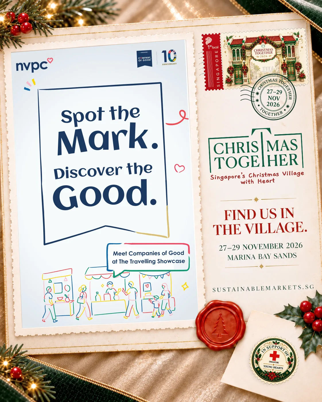 A festive postcard-style invitation card with a Christmas Together stamp and wax seal