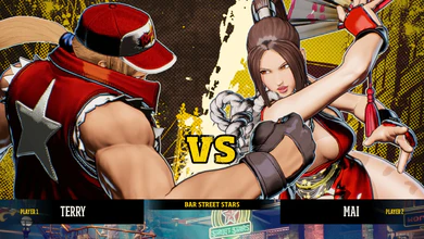 Terry Bogard and Mai Shiranui facing off on an in-game versus screen in FATAL FURY: City of the Wolves